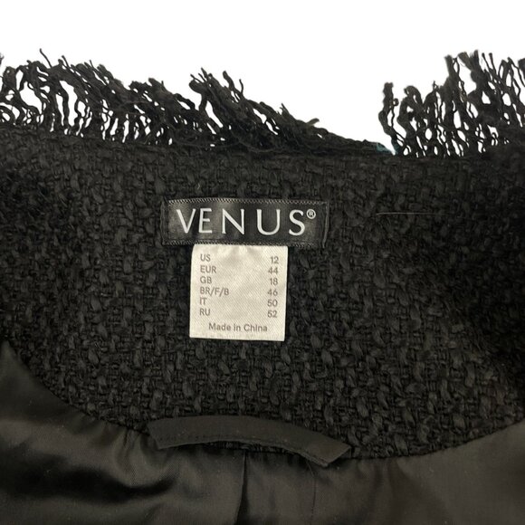Venus Womens Black Fringe-Trim Textured Open Front Long Jacket Sz 12 Whimsygoth - Picture 4 of 5
